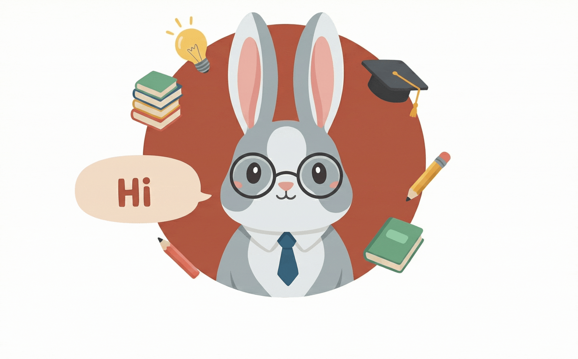 A friendly cartoon rabbit mascot with glasses and school icons